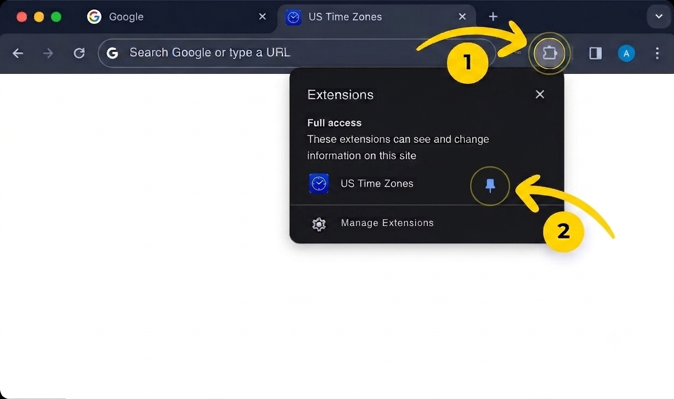 Open the Chrome extensions menu and pin US Time Zones